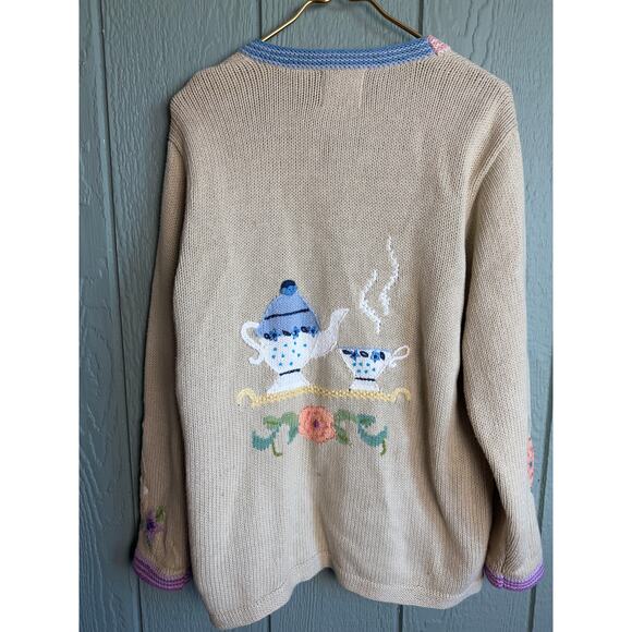 Vintage Storybook Knits Handknit Tea Party Cardigan Sweater M Embroidery - Picture 9 of 10